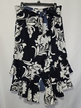 Worthington Navy White Tropical Floral Ruffle High-Low Faux Wrap Skirt Belted